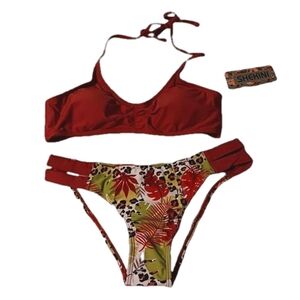Shekini Women's Rust Tropical Print Front Ruched Cutout Strappy‎ Halter Bikini M